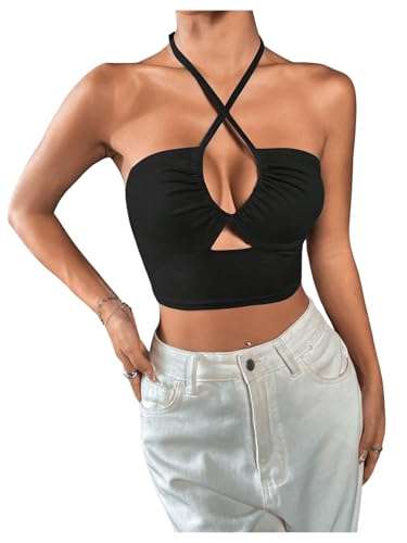 GORGLITTER Damen Neckholder Top Y2K Trägertop Bauchfrei Oberteil Sommer Ärmellos Crop Tops Sommertop Strand Outfit Casualtop Schwarz XL von GORGLITTER
