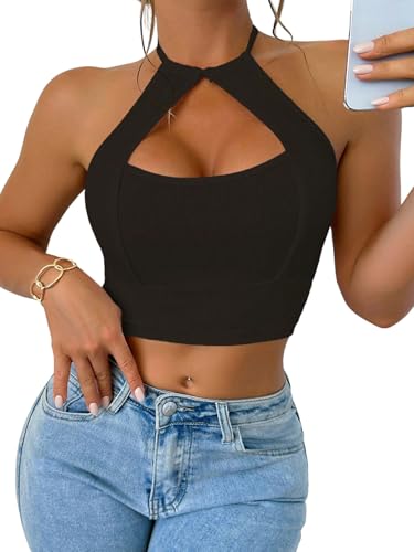 GORGLITTER Damen Neckholder Crop Top Y2K Cut Outs Bauchfrei Oberteil Sommertop Trägertop Ärmellose Freizeittop Strand Party Outfit Schwarz XS von GORGLITTER