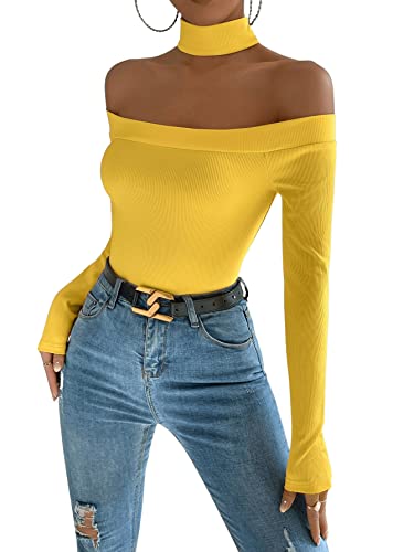 GORGLITTER Damen Neckholder Oberteile Schulterfrei Herbstshirt Langarm Tops Elegant T-Shirt Gelb XS von GORGLITTER