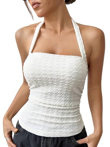 GORGLITTER Damen Neckholder Top Ärmellose Sommertop Rückenfreies Oberteil Sommer Trägertop Elegant Trägershirt Halter Freizeittop Weiß M von GORGLITTER