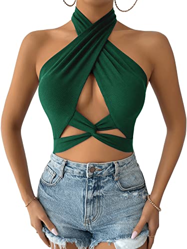 GORGLITTER Damen Neckholder Top Bauchfrei Oberteil Rückenfrei Tops Crop Halter Top Trägertop Dunkelgrün L von GORGLITTER