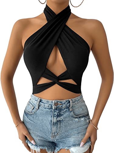 GORGLITTER Damen Neckholder Top Bauchfrei Oberteil Rückenfrei Tops Crop Halter Top Trägertop Schwarz L von GORGLITTER