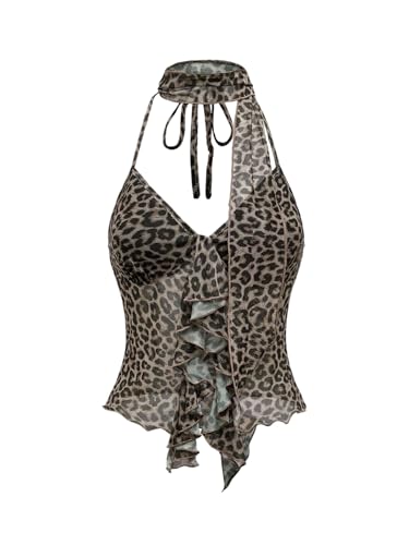 GORGLITTER Damen Neckholder Top Leoparden Oberteile Y2K Mesh Trägertop Sommertop Rückenfreies Partytop Ärmelloses Meshtop Leo L von GORGLITTER
