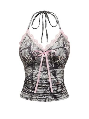 GORGLITTER Damen Neckholder Top Y2K Spitzen Sommertop Trägertop V Neck Spitzentop mit Schleife Sommer Rückenfreies Croptop Party Festival Outfit Grau und Rosa XL von GORGLITTER