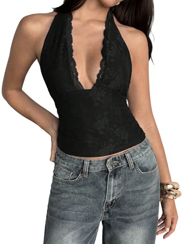 GORGLITTER Damen Neckholder Top Y2K Trägertop mit Spitzen Elegant Oberteil V-Ausschnitt Croptop Rückenfreies Festival Outfit Partytop Schwarz L GORGLITTER Damen Neckholder Top Y2K Trägertop mit Spitzen Elegant Oberteil V-Ausschnitt Croptop Rückenfreies Festival Outfit Partytop Schwarz L von GORGLITTER