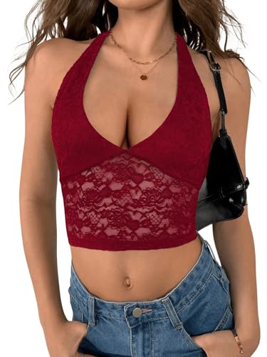 GORGLITTER Damen Neckholder Top mit Spitzen Crop Tops Trägertop Bauchfrei Spitztops Tanktops Bordeaux L von GORGLITTER