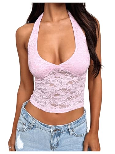 GORGLITTER Damen Neckholder Top mit Spitzen Crop Tops Trägertop Bauchfrei Spitztops Tanktops Rosa XS von GORGLITTER