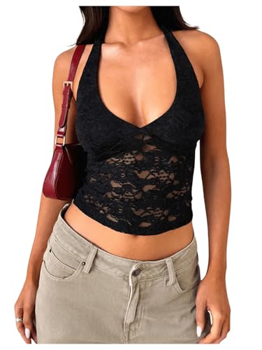 GORGLITTER Damen Neckholder Top mit Spitzen Crop Tops Trägertop Bauchfrei Spitztops Tanktops Schwarz L von GORGLITTER