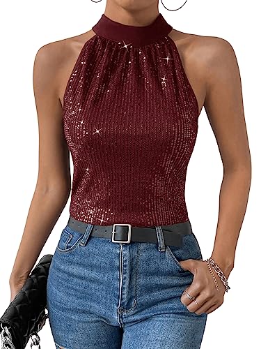 GORGLITTER Damen Neckholder Tops Bluse Stehkragen Party Oberteil Ärmellos Top mit Pailletten Bordeaux L von GORGLITTER