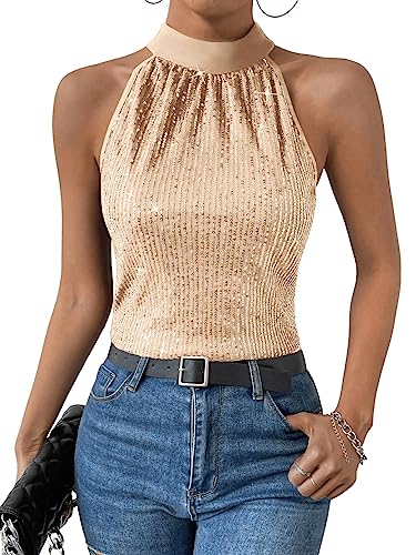 GORGLITTER Damen Neckholder Tops Bluse Stehkragen Party Oberteil Ärmellos Top mit Pailletten Champagnerfarben L von GORGLITTER