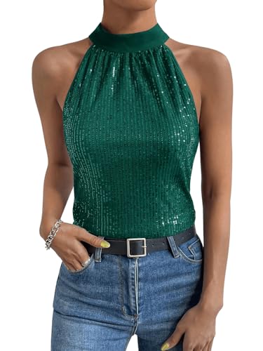 GORGLITTER Damen Neckholder Tops Bluse Stehkragen Party Oberteil Ärmellos Top mit Pailletten Dunkelgrün L von GORGLITTER