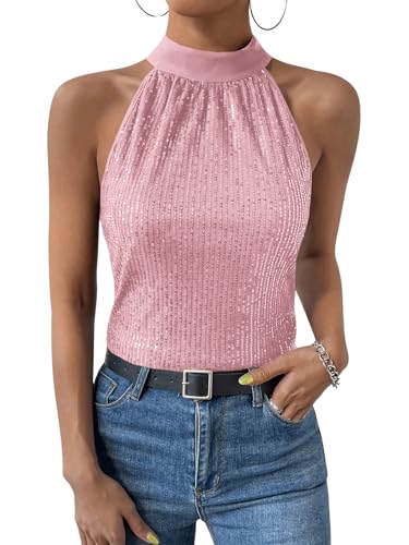 GORGLITTER Damen Neckholder Tops Bluse Stehkragen Party Oberteil Ärmellos Top mit Pailletten Rosa M von GORGLITTER