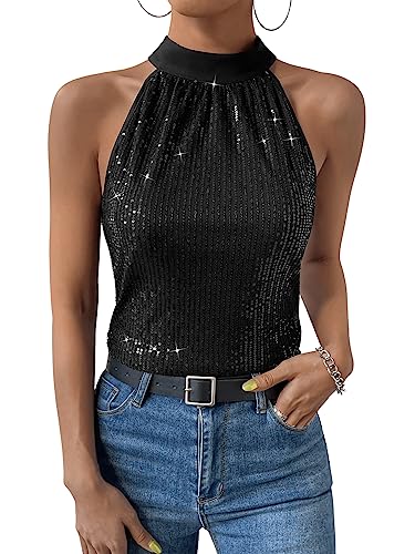 GORGLITTER Damen Neckholder Tops Bluse Stehkragen Party Oberteil Ärmellos Top mit Pailletten Schwarz L von GORGLITTER