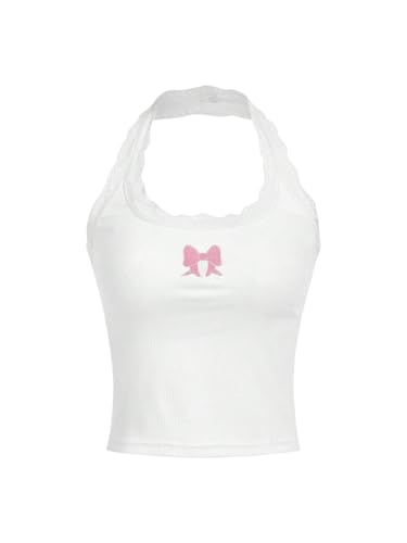 GORGLITTER Damen Neckholder Tops mit Spitze Sommertop Ärmelloses Trägertop mit Schleifen Muster Rückenfreies Spitzentop Bauchfreies Oberteil Weiß S von GORGLITTER
