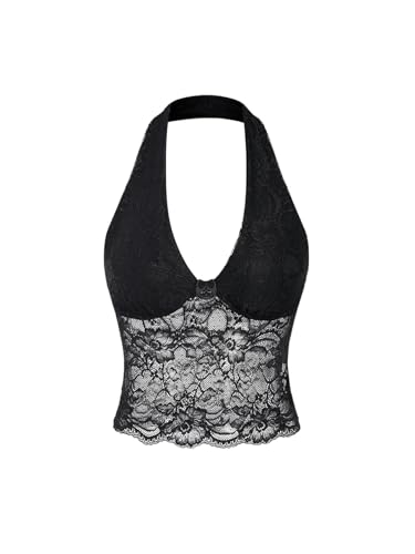 GORGLITTER Damen Neckholder Trägertop Rückenfreies Oberteil Stretch Tops Crop Top mit Kontrast Spitzen Schwarz M von GORGLITTER