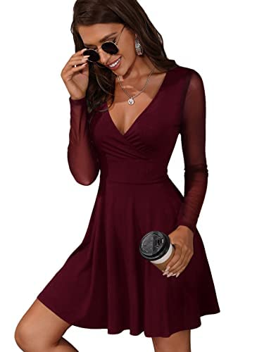 GORGLITTER Damen Netz Ärmel Kleider A Linie Tief V-Ausschnitt Elegant Minikleid Mesh Partykleid Skaterkleid Bordeaux S von GORGLITTER