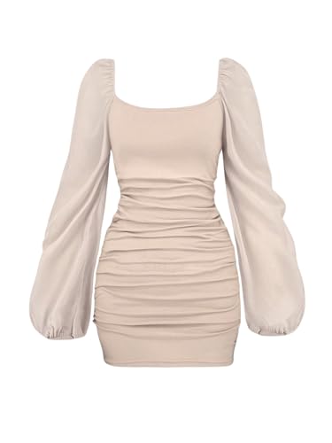 GORGLITTER Damen Netz Ärmel Kleider Bodycon Bleistiftkleid Minikleid Mesh Partykleid Figurbetont Langarmkleid Aprikosenfarben M von GORGLITTER