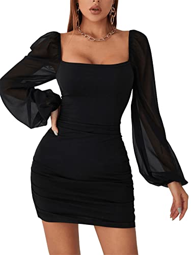 GORGLITTER Damen Netz Ärmel Kleider Bodycon Bleistiftkleid Minikleid Mesh Partykleid Figurbetont Langarmkleid Schwarz M von GORGLITTER