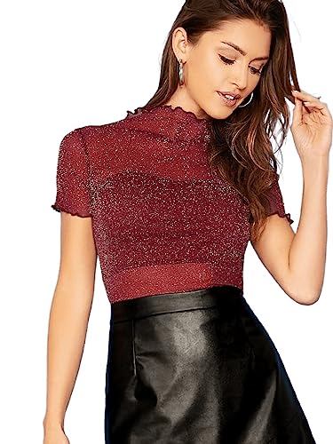 GORGLITTER Mesh Oberteile Damen Netzstoff Tops Mesh Top Glitzer Party T-Shirt Streatwear Oberteil mit Wellensaum Bordeaux M von GORGLITTER