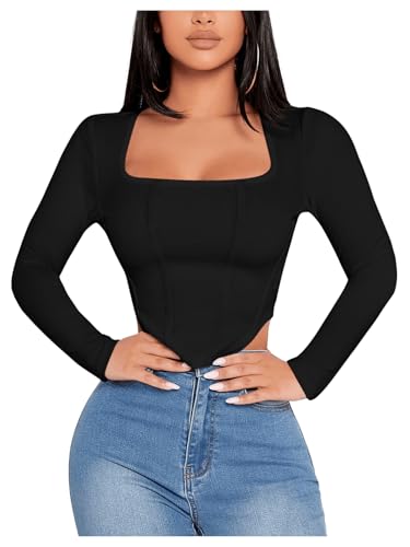GORGLITTER Damen Oberteil Bauchfrei Langarm Crop Tops Asymmetrisch Langarmshirt Basic Herbstshirt mit U Ausschnitt Schwarz XS GORGLITTER Damen Oberteil Bauchfrei Langarm Crop Tops Asymmetrisch Langarmshirt Basic Herbstshirt mit U Ausschnitt Schwarz XS von GORGLITTER