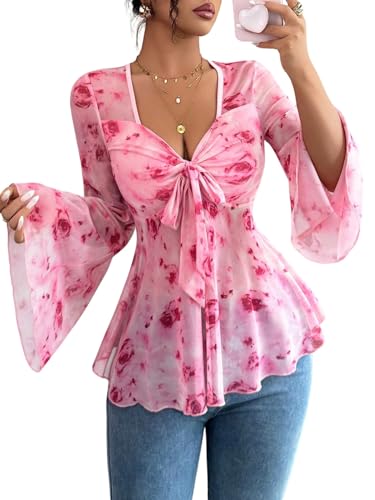 GORGLITTER Damen Oberteil Elegant Bluse Langarm Y2K Blumen Top mit Glockenärmeln Bluseshirt Langarmshirt Herbst Outfit Tunika Rosa XL von GORGLITTER