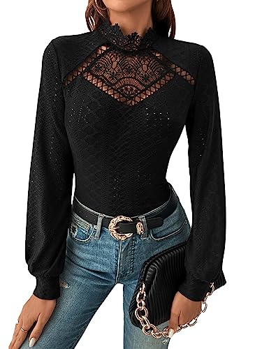 GORGLITTER Damen Oberteil Elegant Top mit Spitzen Trachentenbluse Langarm Dirndlbluse Spitzenshirt Herbst Shirt Stehkragen Schwarz XXL von GORGLITTER