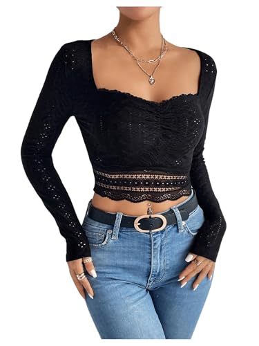 GORGLITTER Damen Oberteil Langarm Tops mit Spitzen Stickerei Blusenshirt Spitzenshirt Crop Blusentop Casual Oberteil mit Herzausschnitt Schwarz L von GORGLITTER