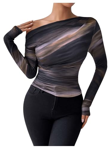 GORGLITTER Damen Oberteile Elegant Langarm Batik Top Langarmshirt Schulterfreies Oberteil Y2k Tshirt Mit Rüschen Herbst Oberteil Braun M von GORGLITTER