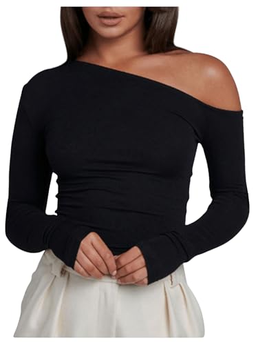 GORGLITTER Damen Oberteile Elegant Langarmshirts Eine Schulterfrei Oberteil Herbst Shirts Langarm Oberteil Casual Top Schwarz M von GORGLITTER