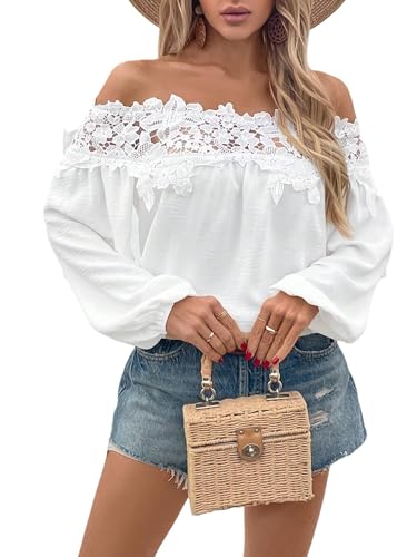 GORGLITTER Damen Off-Shoulder Bluse Elegant Langarm Blusen Spitzentop Elegante Oberteile mit Spitze Lässige Langarmshirt Weiß S von GORGLITTER