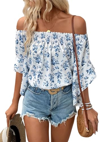 GORGLITTER Damen Off-Shoulder Bluse Elegant Locker Bluse mit Blumenmuster Rüschenbluse mit 3/4-lange Ärmel Freiziet Oberteile Blau M von GORGLITTER