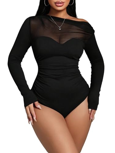 GORGLITTER Damen Off Shoulder Bodysuits Elegant Asymmetrischer Ausschnitt Bodysuit Langarm Bodys mit Netzstoff Bodies Tops Party Outfit Schwarz XL von GORGLITTER