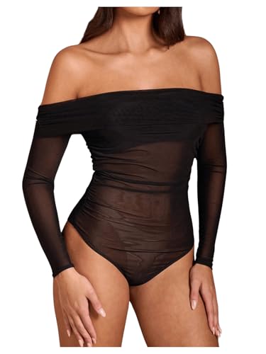 GORGLITTER Damen Off Shoulder Bodysuits Schulterfrei Bodys Dehnbar Bodies Mesh Langarm Body mit Netzstoff Schwarz S von GORGLITTER