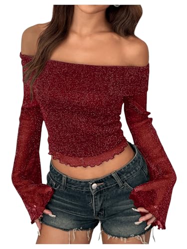 GORGLITTER Damen Off-Shoulder Oberteil Bauchfrei Crop Top Glitzer Langarmshirt Schulterfrei Cropped T-Shirt mit Ausgestellter Ärmel Rosenrot M von GORGLITTER