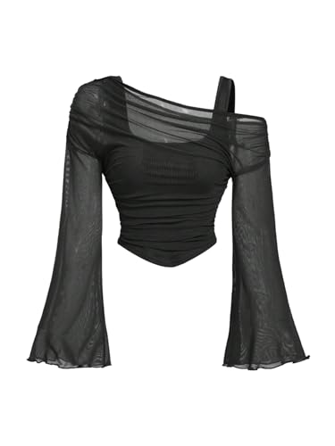 GORGLITTER Damen Off Shoulder Oberteil Bauchfrei Langarm Tshirt Durchsichtig Meshtop Netz Shirt Party Netzoberteil Party Festival Outfit Schwarz M von GORGLITTER