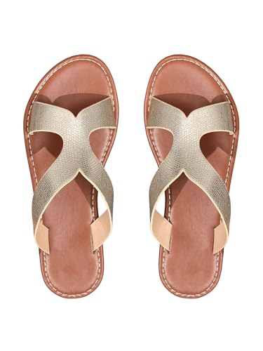 GORGLITTER Damen Offene Sandalen Elegant Flache Sandalette PU Leder Urlaubssandalen Freizeitsanelen Modische Hausschuhe Strandsandalen Gold EUR37 von GORGLITTER