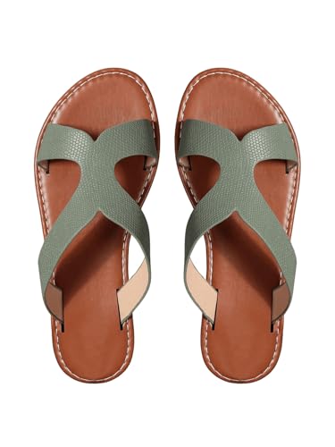 GORGLITTER Damen Offene Sandalen Elegant Flache Sandalette PU Leder Urlaubssandalen Freizeitsanelen Modische Hausschuhe Strandsandalen Olivgrün EUR38 von GORGLITTER