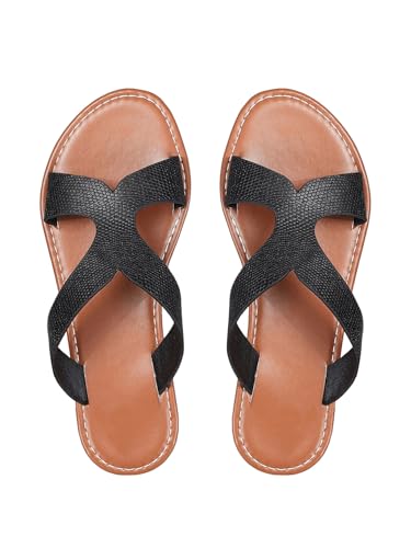GORGLITTER Damen Offene Sandalen Elegant Flache Sandalette PU Leder Urlaubssandalen Freizeitsanelen Modische Hausschuhe Strandsandalen Schwarz EUR37 von GORGLITTER