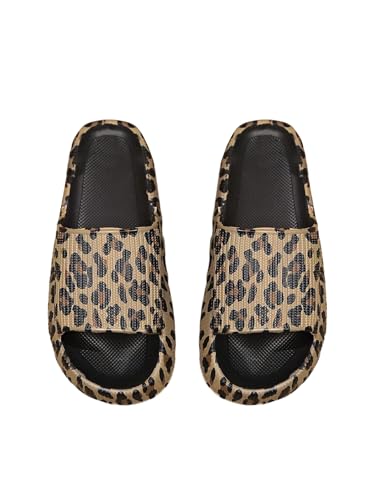 GORGLITTER Damen Flip Flops Leoparden Offene Sandalen Flache Sandalette Strandsandalen Urlaubsandalen Freizeitsandalen Hausschuhe Leo Schwarz CN38/39 von GORGLITTER