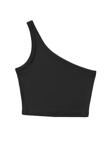 GORGLITTER Damen One Shoulder Crop Tank Top Asymmetrisch Dehnbar Tops Bauchfreies Oberteil Sommertop Trägertop Schwarz M von GORGLITTER