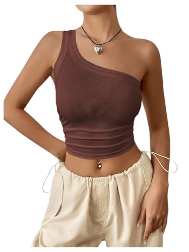 GORGLITTER Damen One Shoulder Crop Tank Top Asymmetrisch Oberteil Dehnbar Tops Bauchfreies Oberteil Sommertop Trägertop Braun L von GORGLITTER
