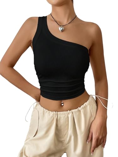 GORGLITTER Damen One Shoulder Crop Tank Top Asymmetrisch Oberteil Dehnbar Tops Bauchfreies Oberteil Sommertop Trägertop Schwarz L von GORGLITTER