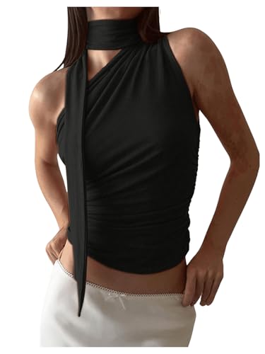 GORGLITTER Damen One Shoulder Tank Top Asymmetrisch Oberteil Dehnbar Tops mit Rüschen Schwarz S von GORGLITTER
