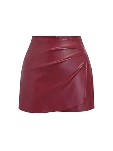 GORGLITTER Damen PU Leder Rock Kurz Bodycon Röcke Elegant Wickelrock mit Reißverschluss Minirock Freizeitrock Partyrock Festival Outfit Bordeaux M von GORGLITTER