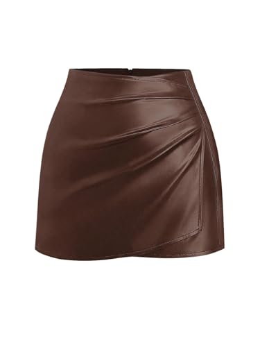 GORGLITTER Damen PU Leder Rock Kurz Bodycon Röcke Elegant Wickelrock mit Reißverschluss Minirock Freizeitrock Partyrock Festival Outfit Braun S von GORGLITTER