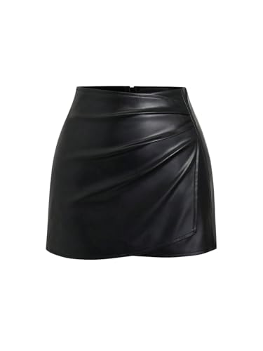 GORGLITTER Damen PU Leder Rock Kurz Bodycon Röcke Elegant Wickelrock mit Reißverschluss Minirock Freizeitrock Partyrock Festival Outfit Schwarz S von GORGLITTER
