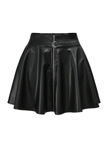 GORGLITTER Damen PU Leder Rock Y2K Partyrock Skater Röcke Falten Minirock Elastischer Bund Clubröcke Freizeitrock Hohe Taille Kunst Lederrock Schwarz S von GORGLITTER