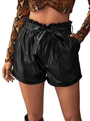 GORGLITTER Damen PU Leder Shorts Elastisch Hohe Taille Kunstlederhose Weites Bein Kurz Hose Hotpants mit Gürtel und Taschen Schwarz M von GORGLITTER