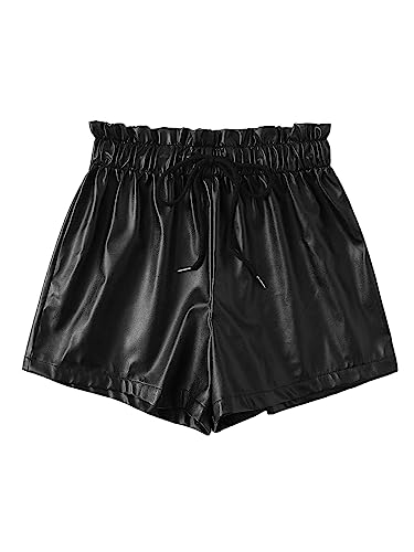 GORGLITTER Damen PU Leder Shorts Hohe Taille Kunstlederhose Klassic PU-Shorts Kurz Hose für Oufit mit Kordelzug und Papiertaschen Schwarz M von GORGLITTER