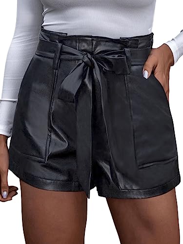 GORGLITTER Damen PU Leder Shorts Hohe Taille PU Lederoptik Kurze Hose Kunstlederhose Nachtclub Hotpants mit Gürtel Schwarz L von GORGLITTER